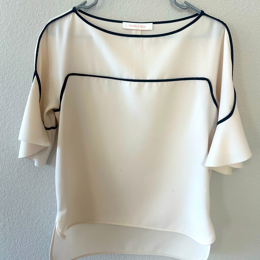 See By Chloe ivory crepe blouse with piping black trim S